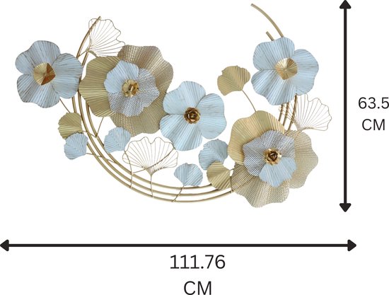 Décoration murale élégante en métal Fleurs | Métal | 63,5 x 111,76 CM | Décoration murale | plaque murale |Décoration murale Blauw & Or | Art mural - Décoration de jardin - Convient pour l'intérieur et l'extérieur