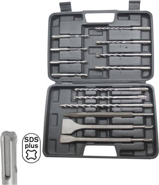 Open zwarte koffer met een set van 14 SDS plus boren en beitels.