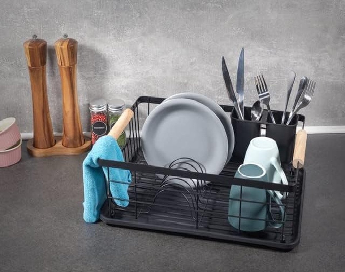 Goedkoopste SUMOH® Luxe Afdruiprek – Stijlvol & Duurzaam | Inclusief Lekbak & Organizer | Perfect voor Glazen, Borden & Bestek | Premium Keuzekwaliteit | Aanrecht, Keuken, Gootsteenorganizer, Onderzetter (43×32×16 cm, Zwart