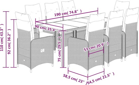 vidaXL - 9 pièces - Set de bistro - avec - coussins - poly - rotin - noir