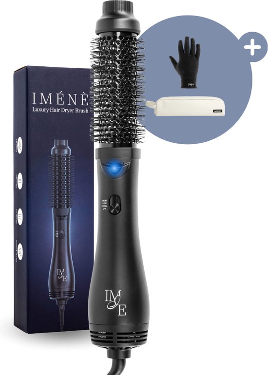 IMÉNÈ® - Brosse sèche-cheveux 1000W - Brosse à friser - Tête de brosse 38 mm - Technologie ionique - Temps de chauffe rapide - Séchage, lissage, boucles et volume - Léger - Ergonomique - Arrêt automatique - Brosse à cheveux - Lisseur