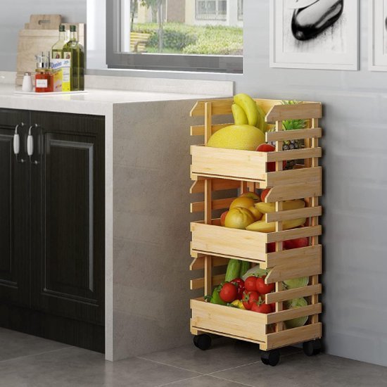 Fruitschaal - Fruitmand - Fruit Etagère 2 Laags - Metaal Met Hout Fruitschaal Groentemand Opberger 2 Lagen Met Handvat Zwart Met Hout