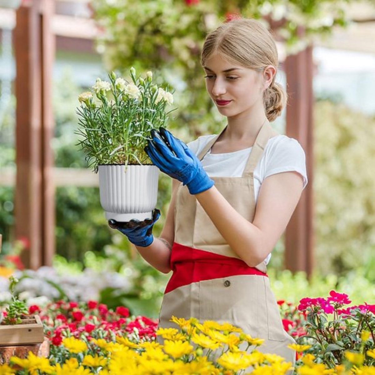 Zelfwaterende kunststof plantenbak voor lange termijn wateropslag - Macaron-gekleurde bloempotten voor buiten en binnen - Grote plantenpotten voor tuin en huisdecoratie - Set van 6 wit — cadeau in Wonen & Interieur - foto 4