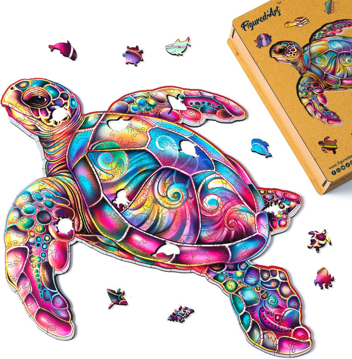 Figured'Art Houten Puzzel 200 Stukjes Volwassenen en Kinderen - Dieren - Zeeschildpad - Uniek Design 32x31,8 cm met Premium Houten Doos, Perfect als Cadeau