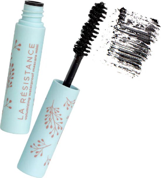Lichtblauwe mini mascara met takjespatroon en zwarte veeg.