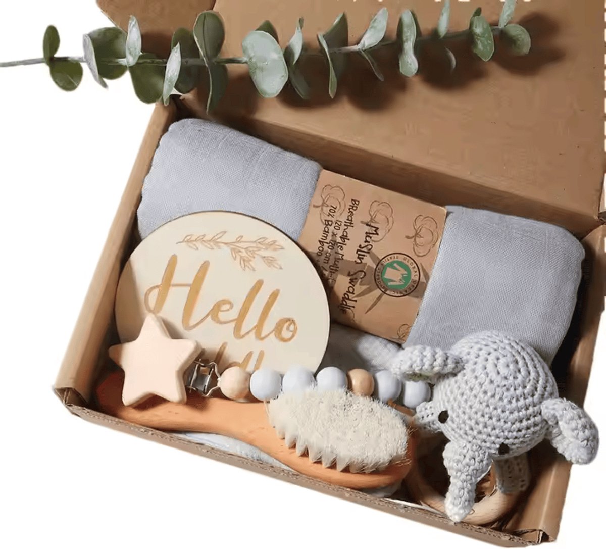 Goedkoopste Kraam cadeau baby box - Baby Geboorte Set - Baby Speelgoed - New Born Set - Geschenk Set - Kraamcadeau - Babyshower - Gender Reveal Party - Bijtring - Handgemaakt - Natuurlijke Materialen - Speenkoord - Grijs