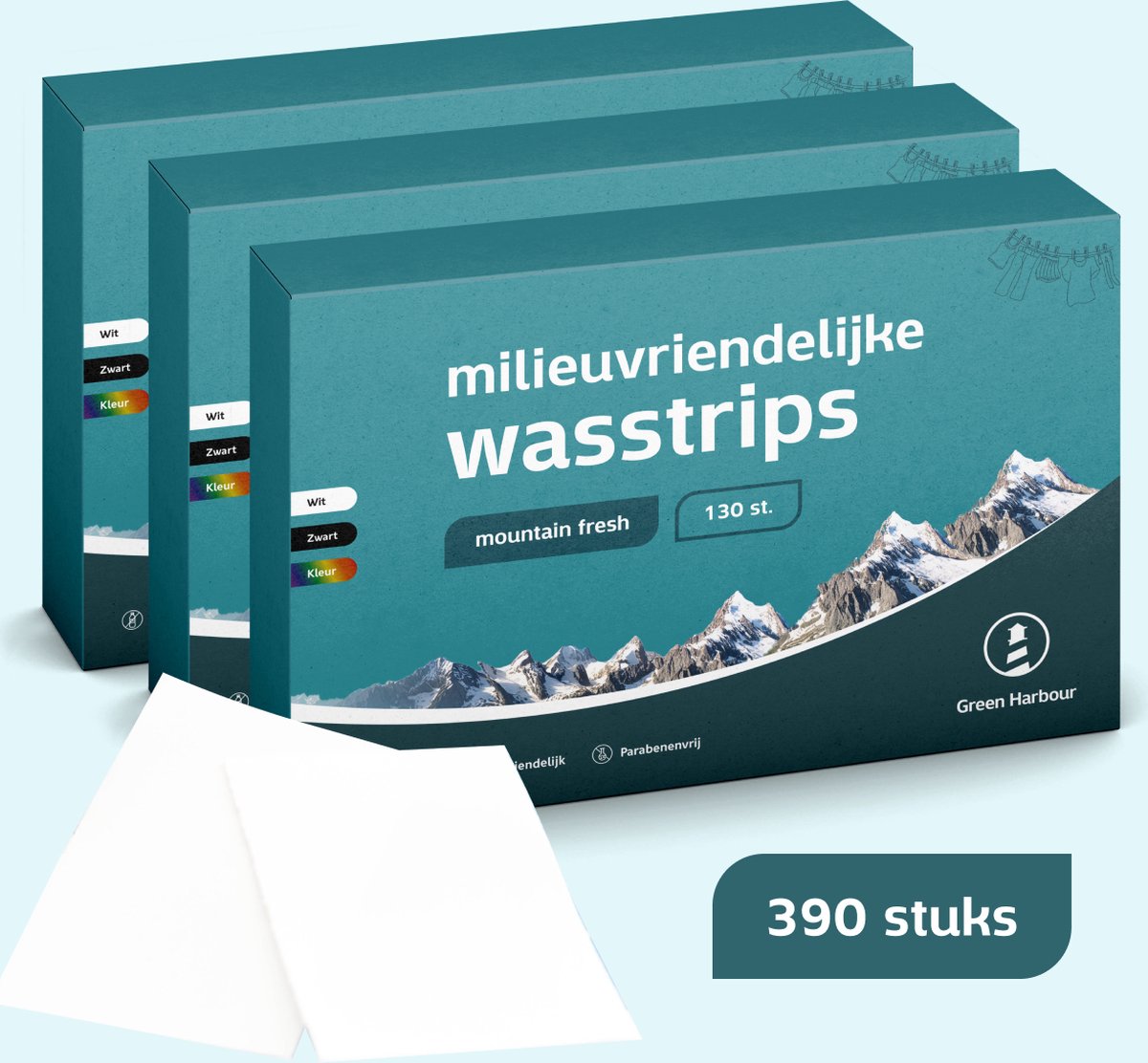 Goedkoopste GreenHarbour 4-in-1 Wasstrips - Misty Mountains - Wasmiddeldoekjes - Wasmiddel - Incl. Wasverzachter - 390 Stuks