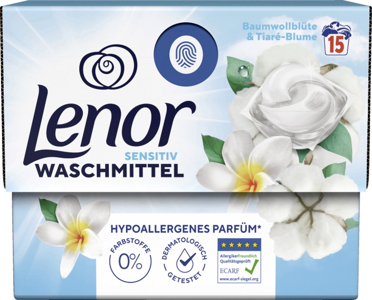 Goedkoopste Lenor Wasmiddel Sensitive - Wascapsules - Katoenbloesem en tiarébloem - 15 Wasbeurten - Hypoallergeen parfum - 0 Kleurstoffen