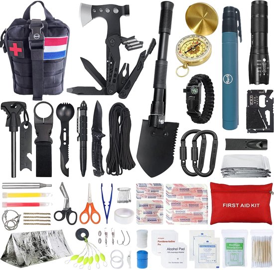 SUR5® Survival Set Premium NL / BE - Kit d'urgence le plus complet et de haute qualité - Kit de Survie pour toutes vos aventures en outdoor avec outil multifonction 16 en 1 de haute qualité, filtre à eau 2.0, boussole,... - Bushcraft - Zwart