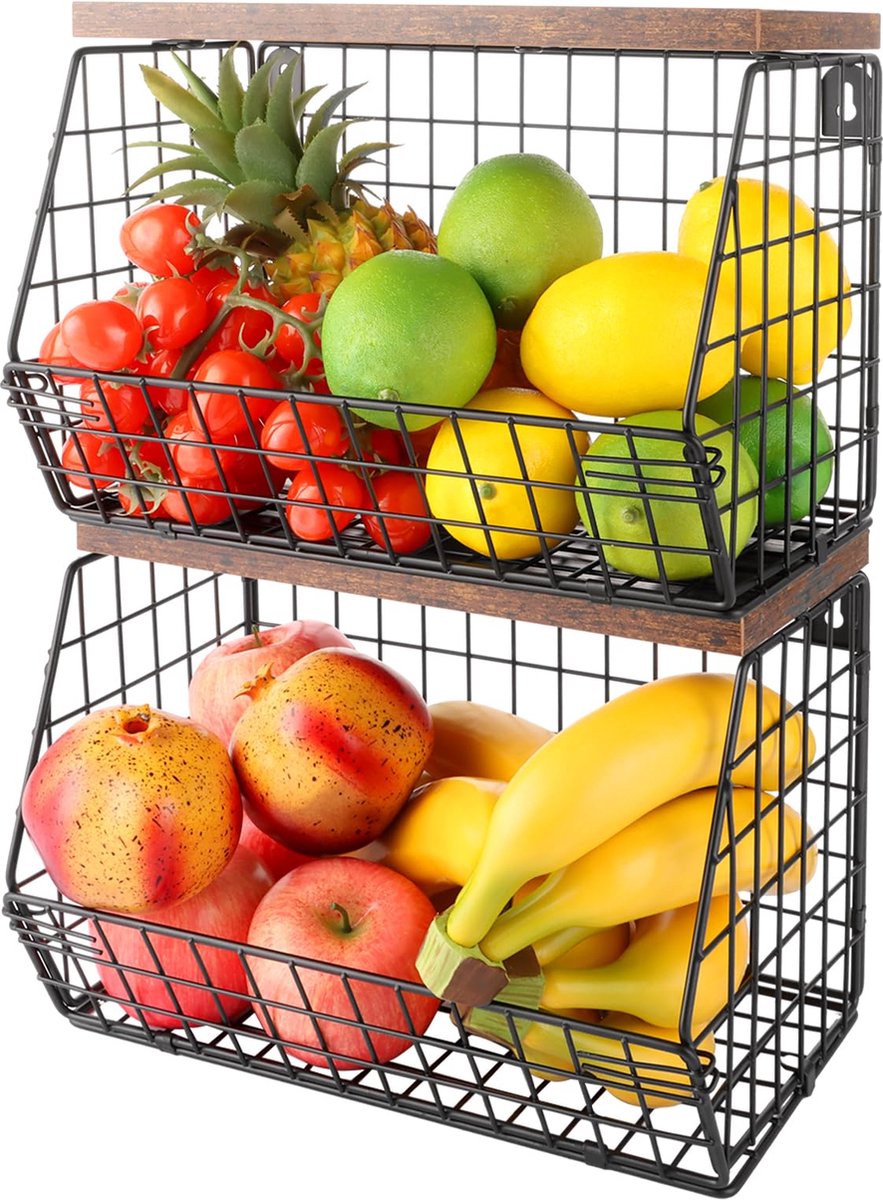 La'Moussawi ® Stijlvolle Hangende Opslagmanden voor Keuken met Houten Deksel, Set van 2, Zwart, 30x21x16cm