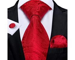 Sorprese Stropdas met Pochet en Manchetknopen - Paisley Rood - 8cm - 100% Zijde - Pochette - Cadeau