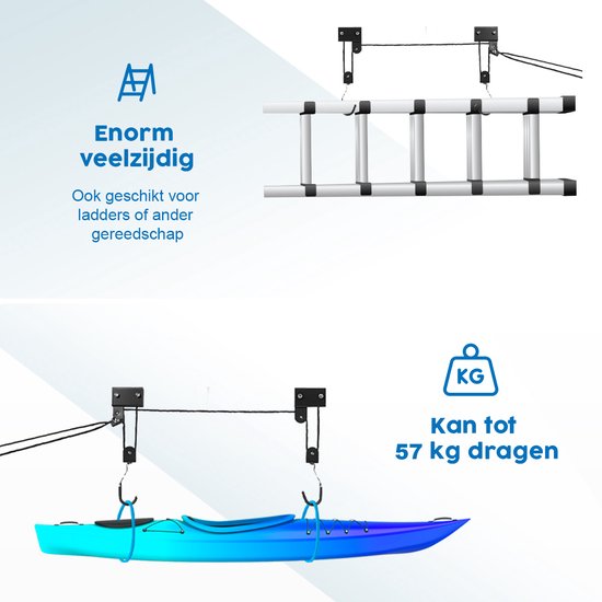 ProPlus Fietslift - XL - Ophangsysteem voor Fiets, Ladder en Dakkoffer - Met katrollen – Tot 57 kg - Plafondbevestiging – Haken met rubberen afwerking – Ook voor Kajaks en Ladders – Zwart