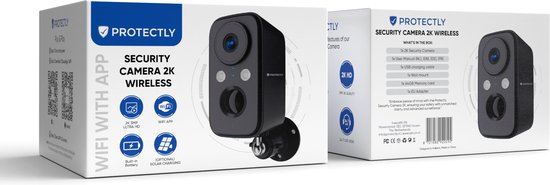 De verpakking toont een zwarte beveiligingscamera 2K Wireless, met wifi-icoon en batterij-icoon.