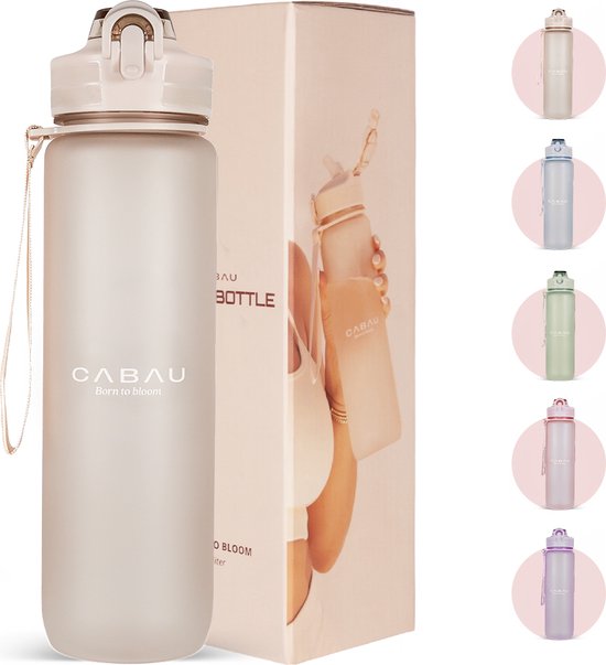 Cabau Bloom Waterfles / Drinkfles | 1 liter | Beige | Handige drinktuit & unieke maataanduiding | BPA- & Lekvrij | Drinkfles met rietje volwassenen | Drinkfles volwassenen | Drinkfles 1 liter | Verschillende drinkflessen | Cadeau voor haar