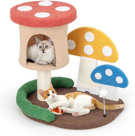 Arbre à chat pour chat Aspect champignon 60 x 49 x 59 cm - Arbre à chat avec panier pour chat - Griffoir en sisal et balle jouet