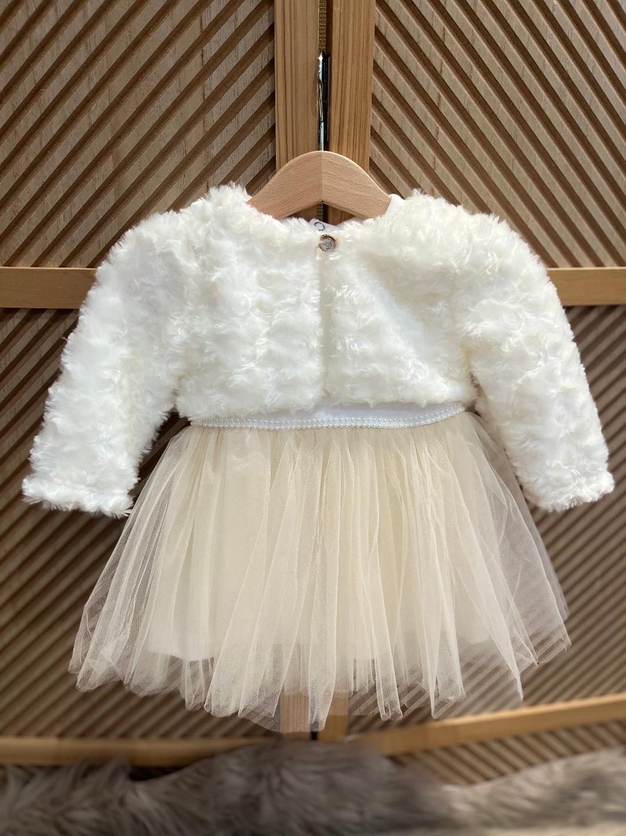 luxe feestjurk-bruidsjurk-doopkleding-tule jurk met jasje-bloemenmotief-baby jurk-tutu rok- tweedelige set- katoenen jurk met steentjes en bloem-bruidsmeisjes-doopsel-bruiloft-verjaardag-foto shoot- wit donkerbeige kleur - maat 74 - 6 tem 9 maanden