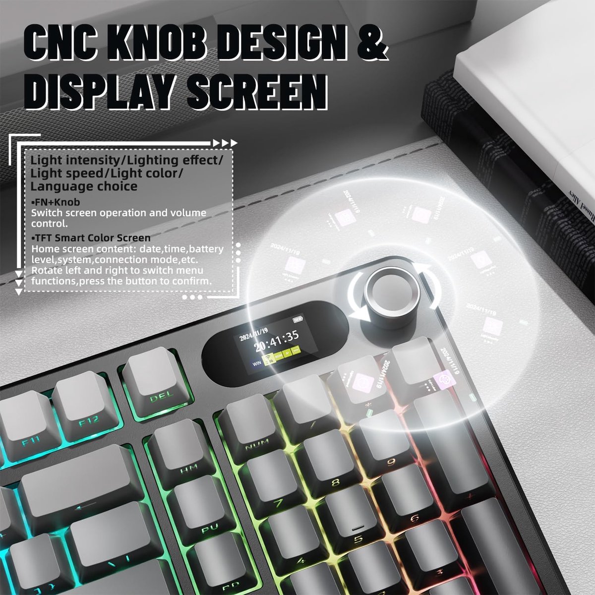 ATTACK SHARK X98PRO - Draadloze Mechanisch Gaming Toetsenbord - Side Printed PBT Keycaps - TFT Scherm - Multifunctionele Draaiknop - Wired/2.4G/Bluetooth Tri-Mode - Gasket Mod - 98keys - Moonlit Night thumbnail 4