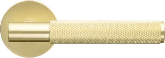 Mat gouden deurklink met diamantgeslepen grip. Inclusief rozet.