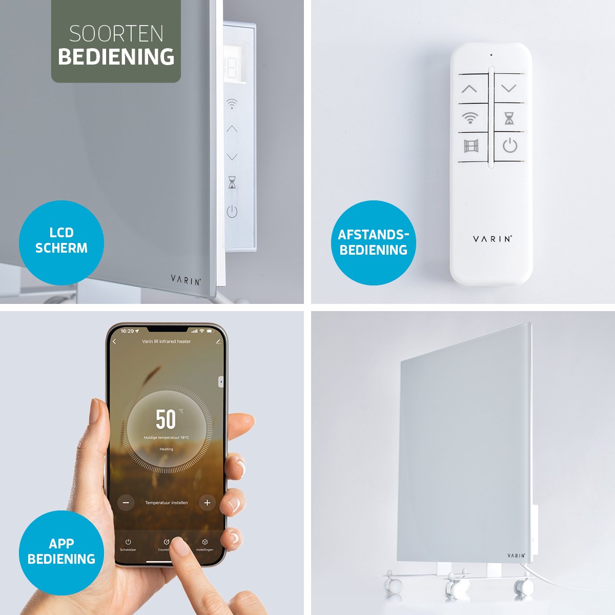 Varin® Smart Design Infrarood verwarmingspaneel - 600W - 100x60cm - Helder wit glas - IP24 - Met thermostaat - Wandmontage of verrijdbaar - Elektrische verwarming - Infrarood paneel verplaatsbaar - Kachel - Heater bureau - Terrasverwarmer - Tuya Wifi – foto 5