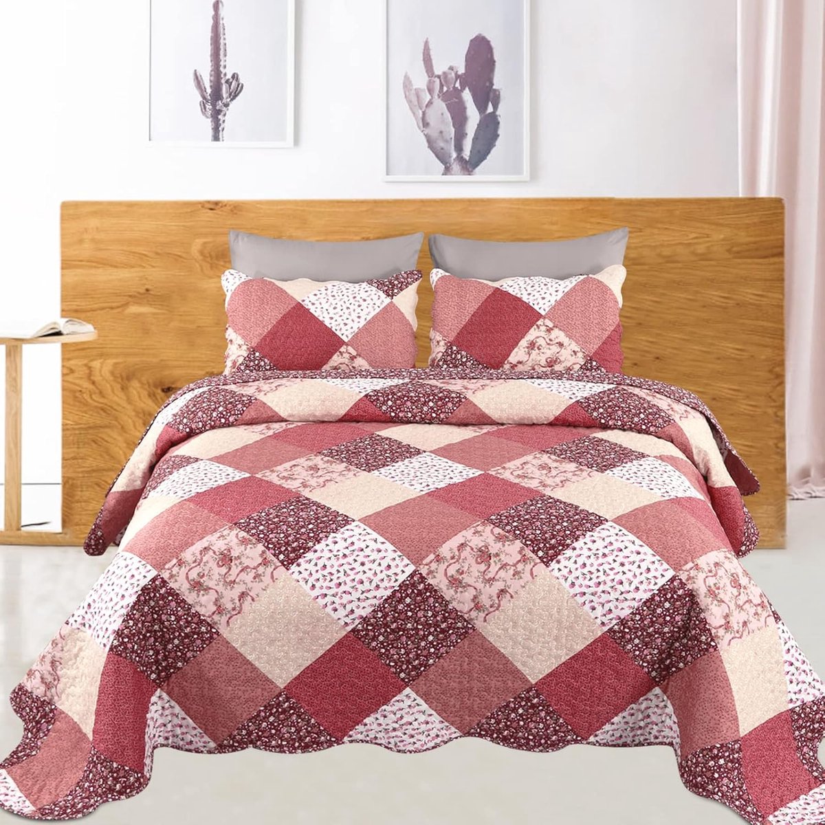 TRANKIELO® - Luxe Sprei Set 240 x 260 cm – Baksteenrood – Inclusief 2 Kussenslopen – Bedsprei Microvezel – Patchworkdeken – Geschikt voor Alle Seizoenen