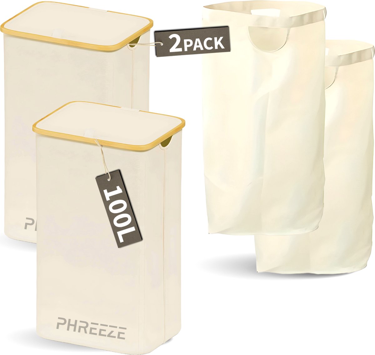 Goedkoopste Wasmand met Waszak - 100L - Groot formaat - Wasmand met deksel - Sterk materiaal - Wassorteerder - 2 Stuks - Beige