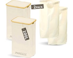 Wasmand met Waszak - 100L - Groot formaat - Wasmand met deksel - Sterk materiaal - Wassorteerder - 2 Stuks - Beige