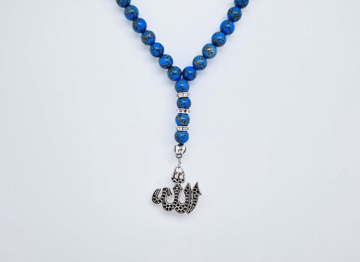 Handgemaakte Natuurstenen Autohanger "Blauw howliet gesponnen goud "- Met metalen hanger "Aallah" - 8 mm diameter van de korrel- Mooie accessoire en decoratie voor de auto