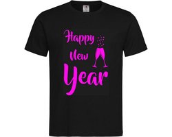 T-shirt Unisex Volwassenen Gelukkig Nieuw Jaar Grappig Tekst "Happy New Year" Op Voorkant | korte mouw | Zwart/Fluor Pink | maat L