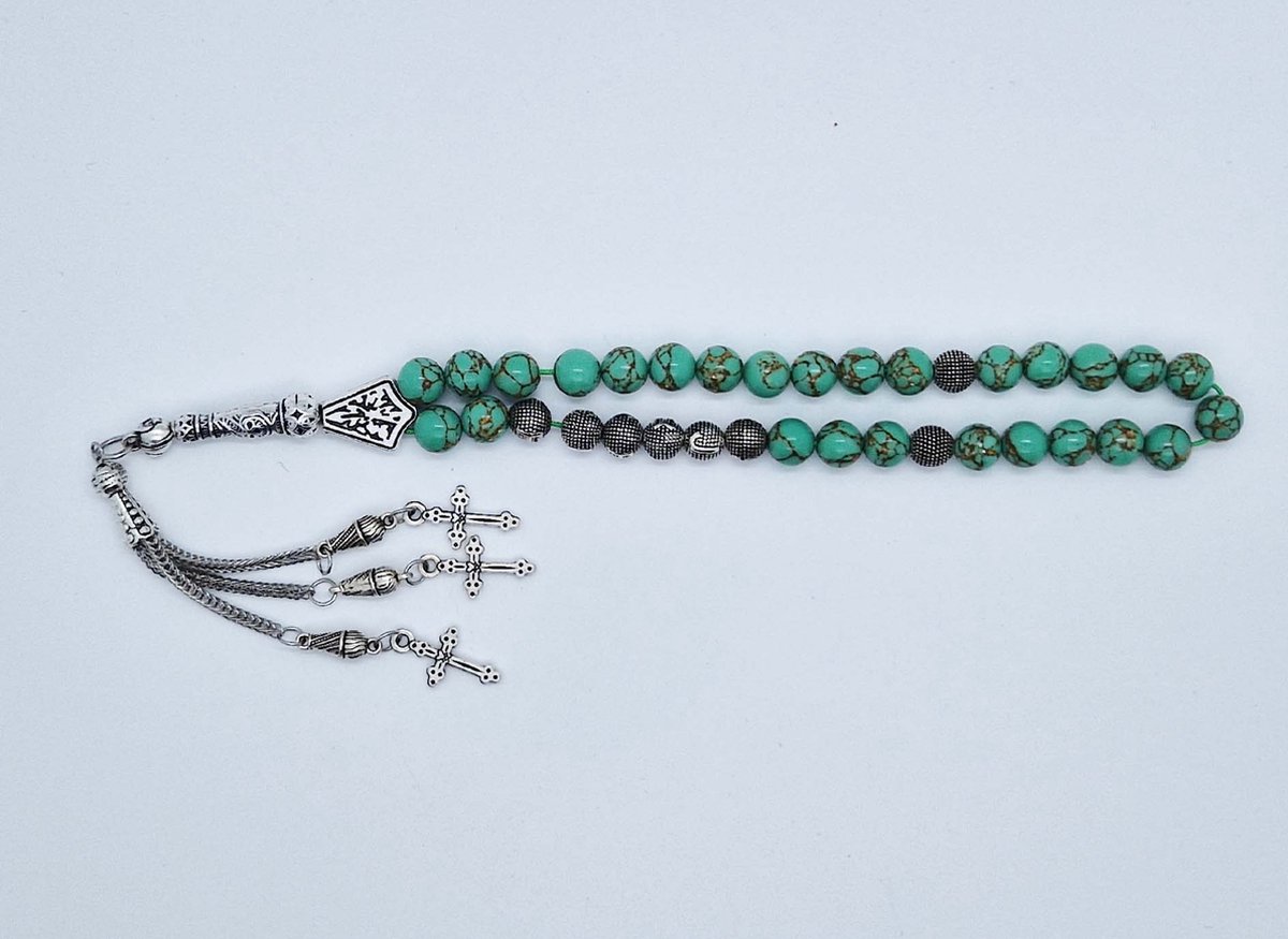 Handgemaakte naam tasbih 33 Kralen Natuursteen “Groen howliet gesponnen goud” - met metaal tassel “ Kruis"- Met je naam of de naam van uw geliefde- 8 mm diameter van de korrel