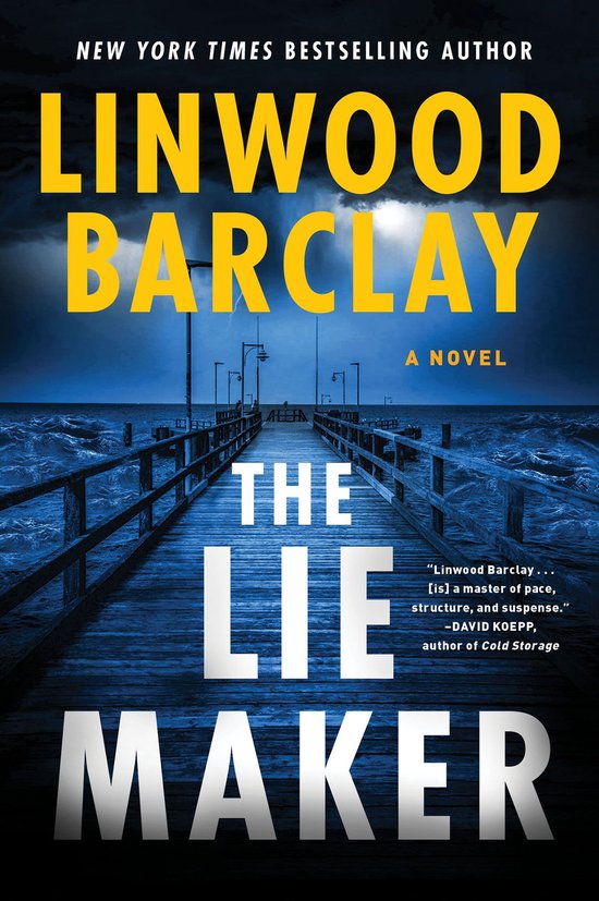 Boek 'The Lie Maker' van Linwood Barclay, met een pier boven een woelige zee.