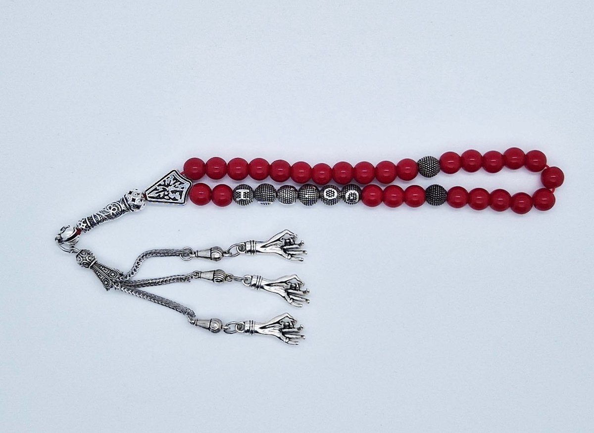 Handgemaakte naam tasbih 33 Kralen Natuursteen “Bloedkoraal” - met metaal tassel “ Handpalm"- Met je naam of de naam van uw geliefde- 8 mm diameter van de korrel