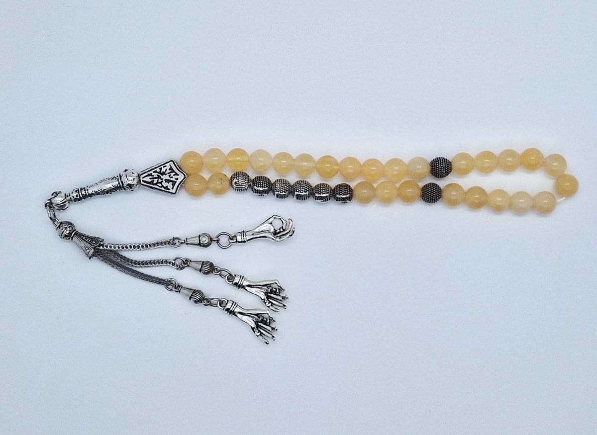 Handgemaakte naam tasbih 33 Kralen Natuursteen “Calciet geel” - met metaal tassel “ Handpalm"- Met je naam of de naam van uw geliefde- 8 mm diameter van de korrel