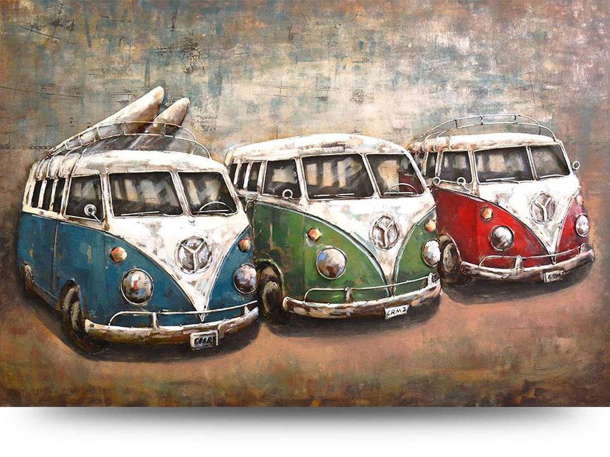 Schilderij - Metaalschilderij - Retro busjes, 80x120cm