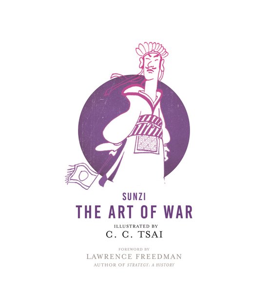 Illustratie van Sunzi, auteur van 'The Art of War', in paarse en witte tinten, staande voor een paarse cirkel.