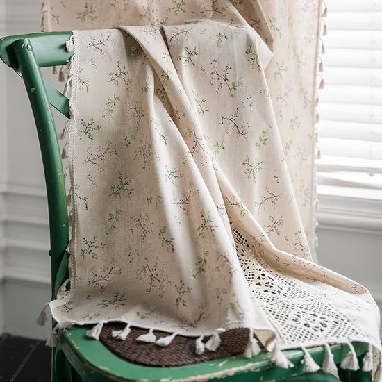 Floraweg Boho Rideaux à crochets en kanten patchwork semi-occultant imprimé floral bohème, pompons faits à la main, passe-tringle, traitement de fenêtre, rideaux de ferme rustiques vintage pour salon, chambre à coucher, 150 x 160 cm, imprimé floral