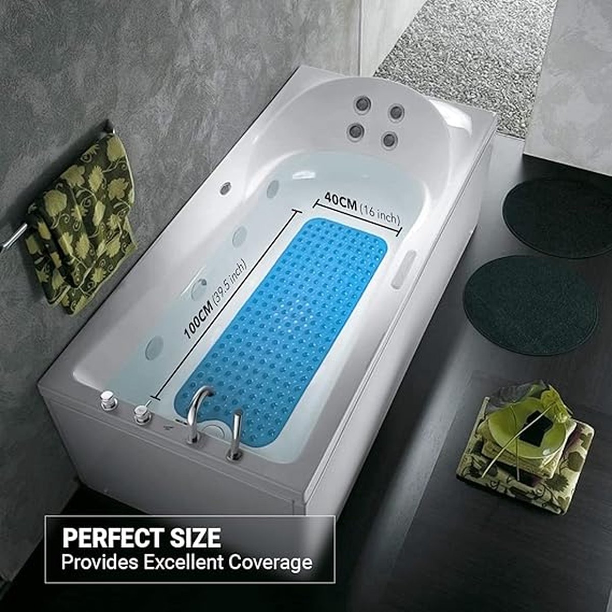 Douchemat, 100 x 40 cm Extra Lange Badmat Antislip met 200 Sterk Zuignappen en Afvoergaten, Antibacterieel Machine wasbaar Schimmelbestendig Badkamermat, Badkuipmat voor Kinderen, Ouderen - Blauw