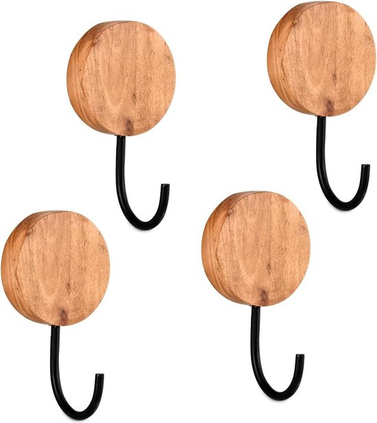NAUMOO Natuurlijke houten wandhaken - pak van 4 - wandgemonteerde moderne kapstok - handgemaakte minimalistische haringen (zwart