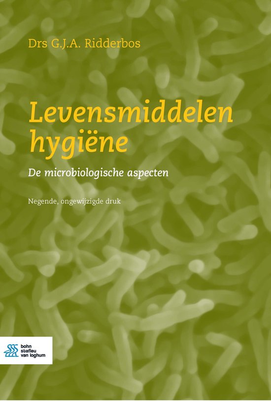 Boekomslag met de titel 'Levensmiddelenhygiëne', De microbiologische aspecten. Drs G.J.A. Ridderbos. Negende, ongewijzigde druk. Bohn Stafleu van Loghum.