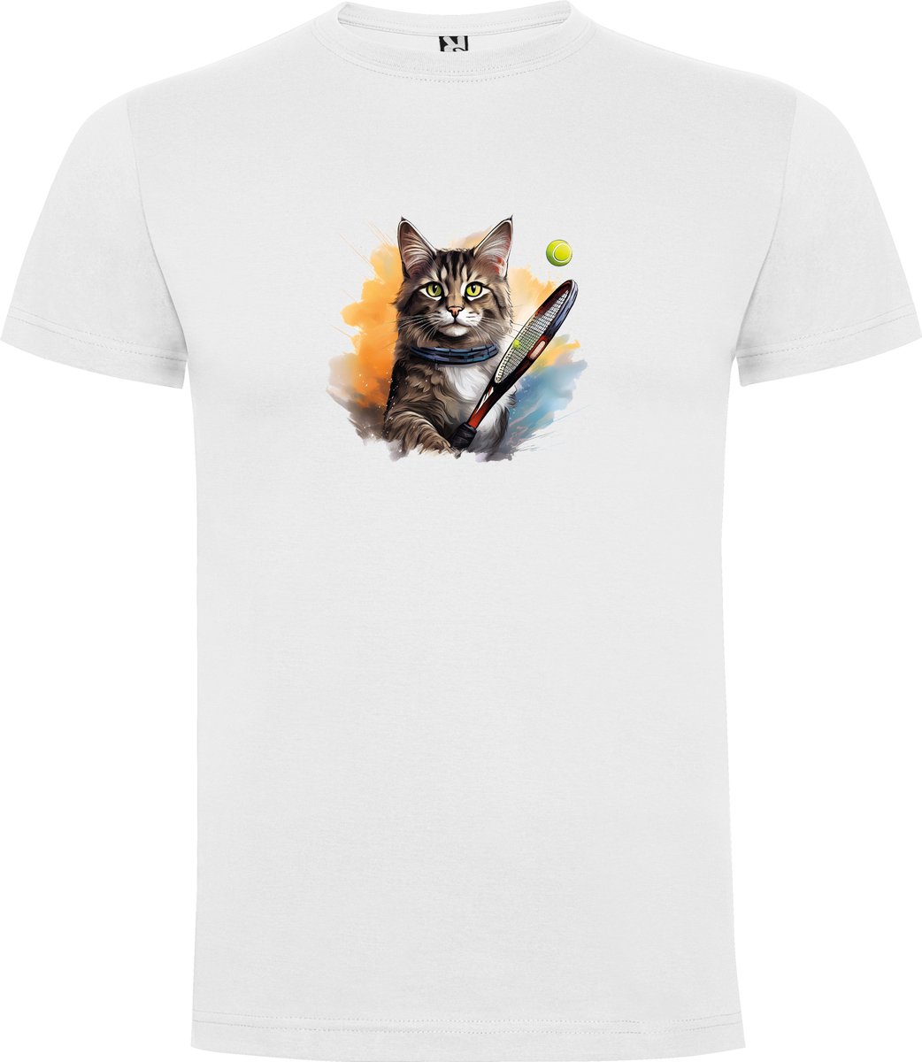 Wit T-Shirt met “Kleurrijke Stoere Kat met tennisracket “ Print Full Color Maat L