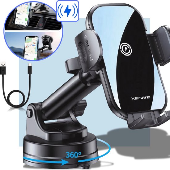 Kewig Draadloze auto telefoonhouder mount, Qi 15W snelle autolader mount met USB C 20W oplaadpoort, Mobiele telefoon Cradle Automobiel Dashboard Windscherm Air Vent Stand voor 4 ''-7'' mobiele