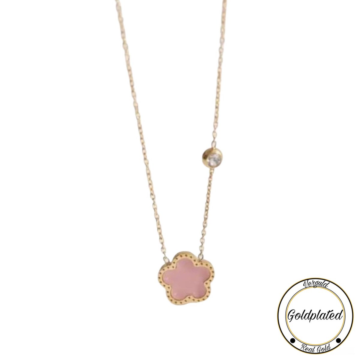 RVS Klaver Ketting | Goldplated | 45+7 | Roze | Geluk | Klavertje vier | Dames Cadeau | Soraro | Chain | Dames Ketting