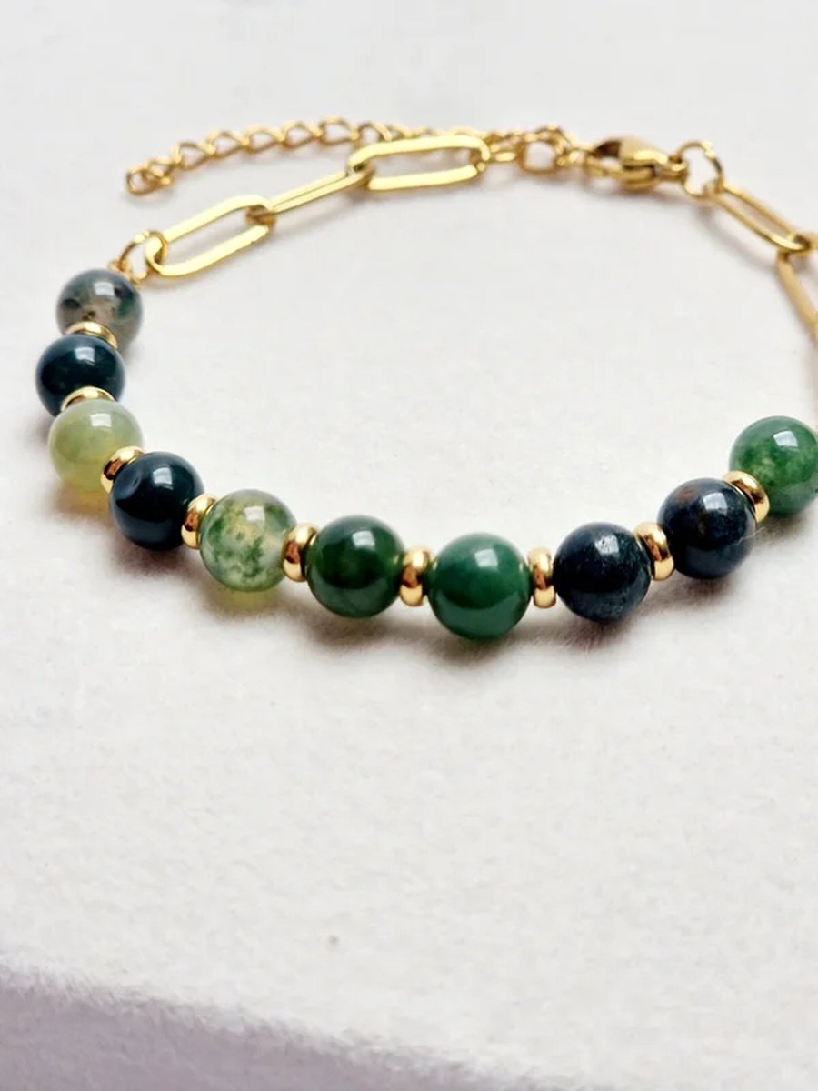 Schakel armband met Mos agaat stenen - goudkleurig Stainless Steel - Groene half edelstenen - Paperclip schakel - Dames armband