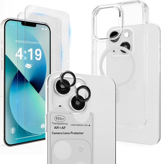 Coque de téléphone, protecteur d'écran et protecteur de lentille de caméra pour iPhone 13 Mini.