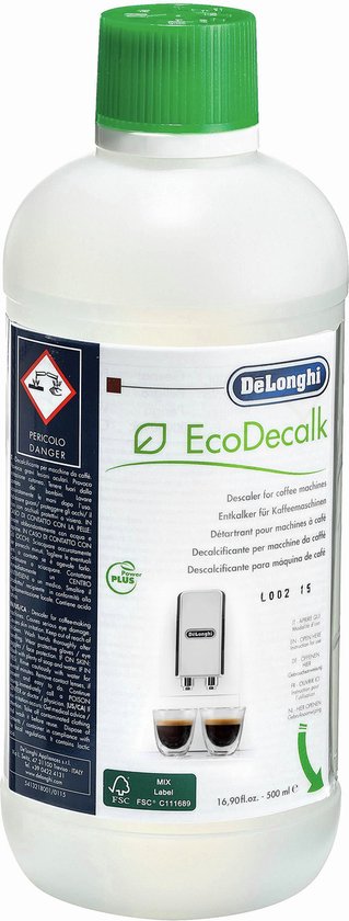 Fles DeLonghi EcoDecalk ontkalker met groene dop. De fles bevat 500 ml.