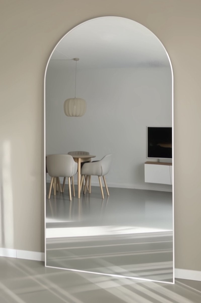Nordic Style® Boogspiegel 215x110cm - Mat Wit - Scandinavische Spiegels - Halfrond - Pas spiegel - Staande spiegel - Kleedkamer spiegel - Pas - Boog - Half Rond Ronde - Woonkamer - Wand - Muurspiegel - Muur