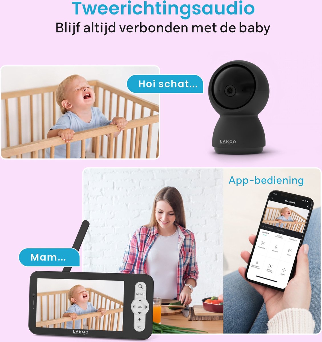 Afbeelding 2 van Lakoo Kitty Babyfoon - camera met app - Zwarte - Premium HD Wifi Baby Monitor