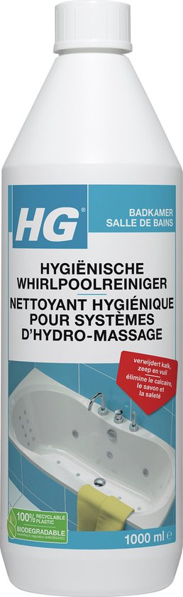 Witte fles HG hygiënische whirlpoolreiniger met blauw label. Afbeelding van een badkuip met bubbels.