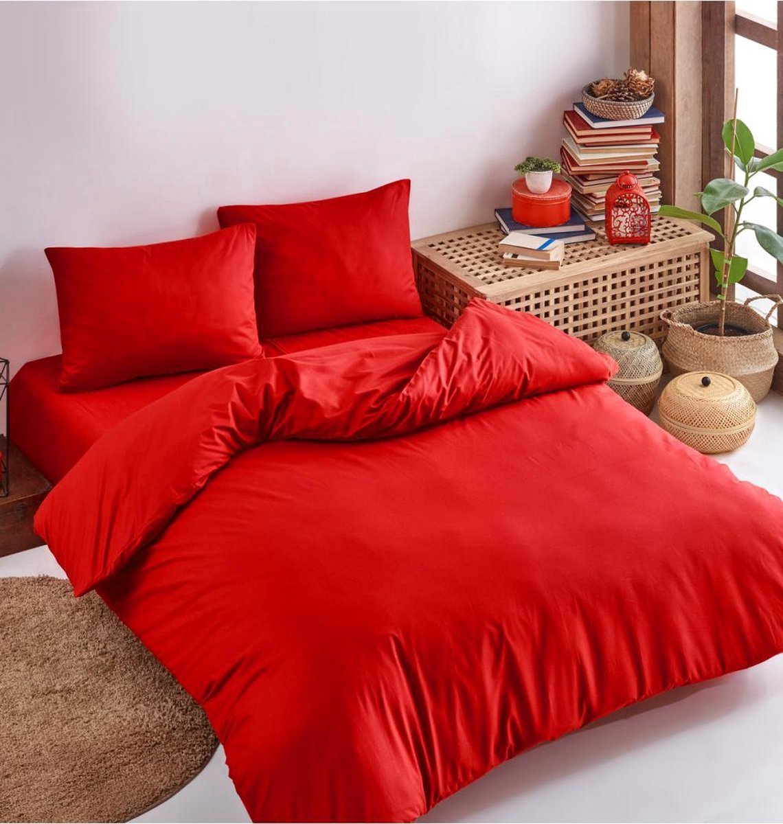 Zeven Cotton - Rood, Katoensatijn Dekbedovertrek 200*220 – Hoogwaardige Kwaliteit