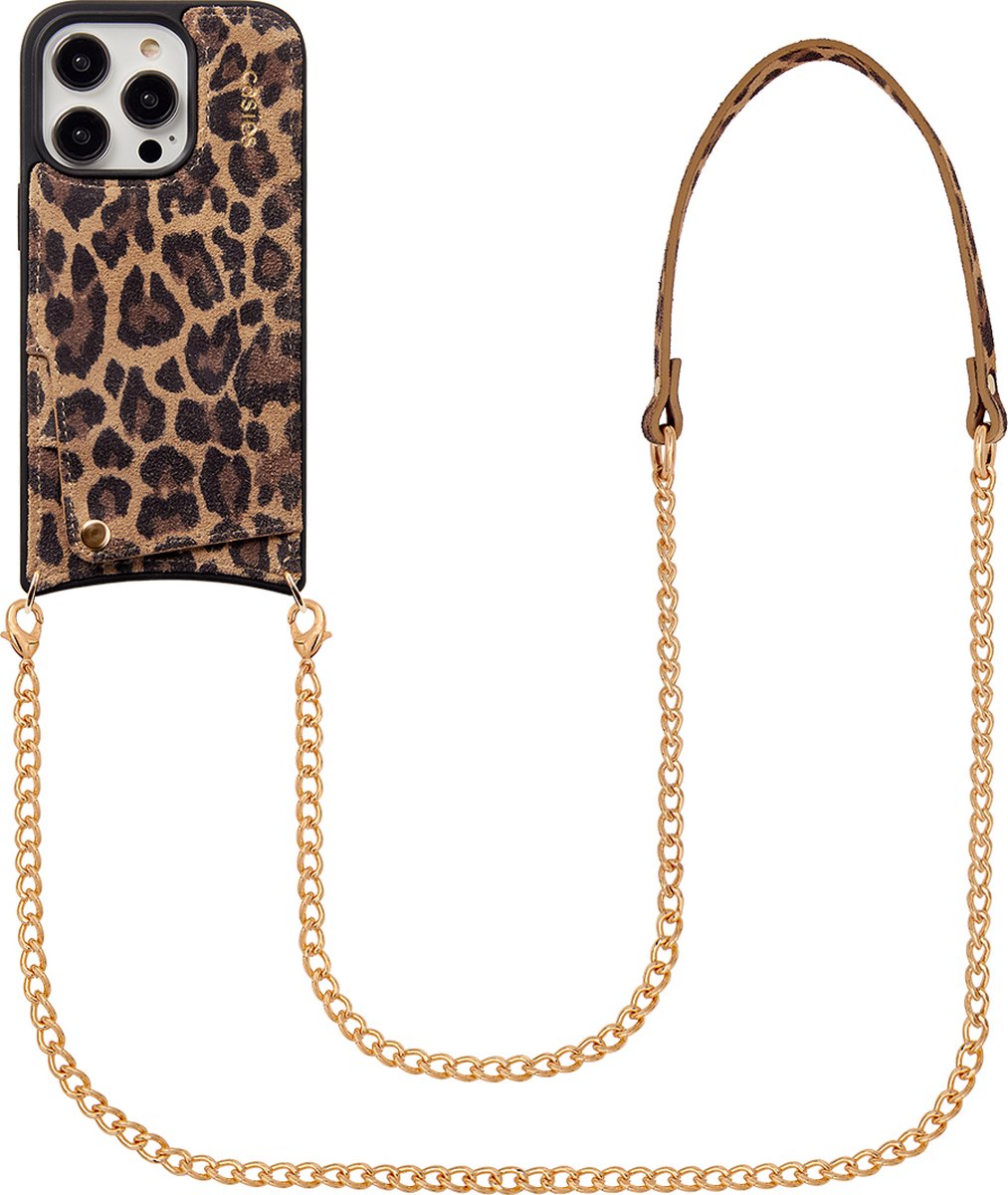 Casies leren panterprint hoesje geschikt voor Apple iPhone 14 met bandolier koord en pasjeshouder - 100% echt leer - Leopard - Telefoonhoesje met gouden koord en stukje panterprint leer