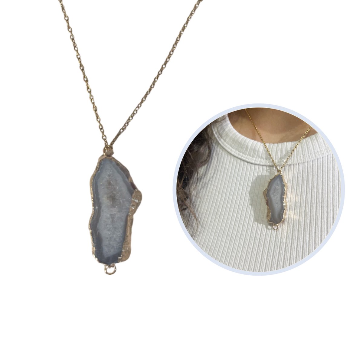 Wit Agaat Geode Ketting – Natuurlijke Edelsteen met Goudrand – Spirituele Sieraad van Natuursteen - Ruwe Schijf – Sieraad voor Dames – Handgemaakt - Verjaardag - Kerst - Cadeau - Accessoires